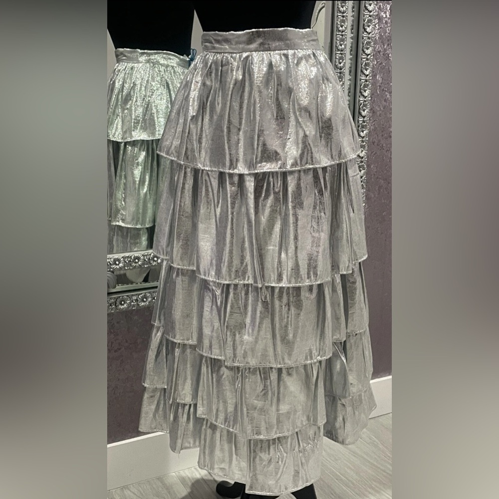 ANTONIO MELANI Born On Fifth Metallic Silver Tiered Maxi Skirt